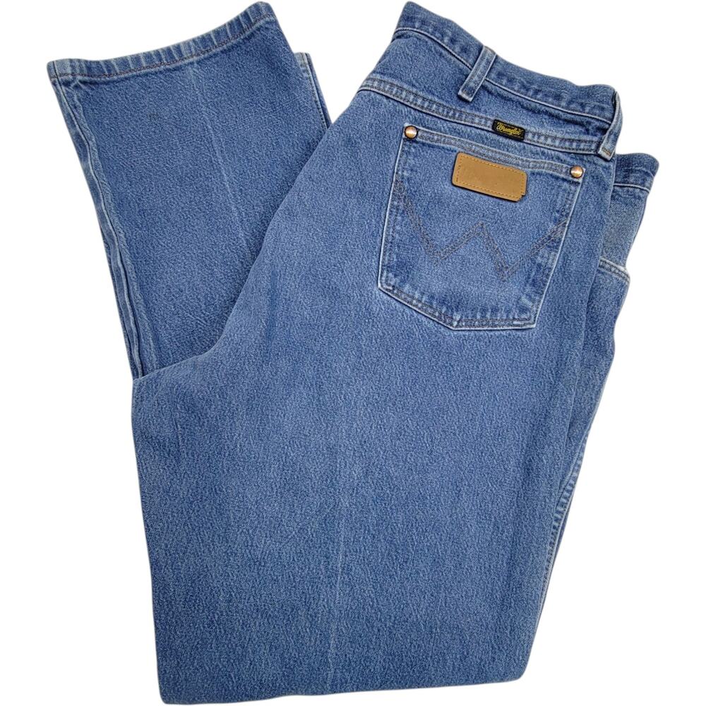 Wrangler 13MWZ Cowboy Cut Mens Jeans 42x32 Distressed Blue Denim Workwear Chore